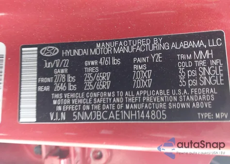 2022 Hyundai Tucson Sel z USA, uszkodzony, nr VIN 5NMJBCAE1NH144805